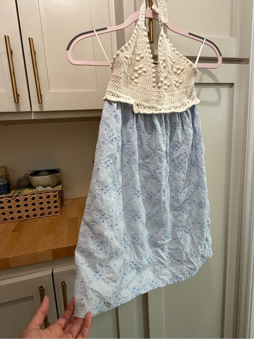 Zara Cream Crochet Halter Top with Light Blue Eyelet Skirt Mini Dress
